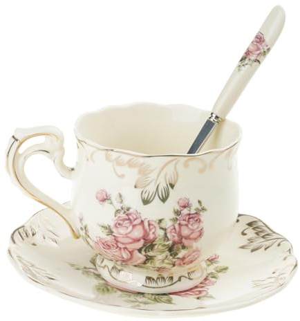 Obotsnoi Europäische Keramik Kaffeetasse Untertassen Amerikanische Nachmittag Teas Geschenke 250 Ml Elfenbein Porzellan Rose Blumensee Tasse Löffel Gericht Für Kaffee