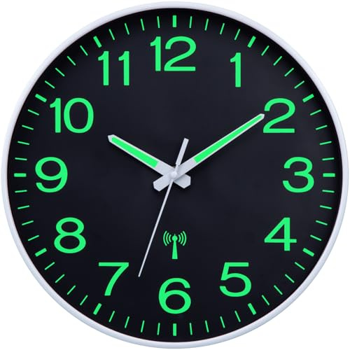 VIVILINEN Horloge Murale Radio-Pilotée Lumineuse Silencieuse sans Tic-Tac Pendule Murale Fluorescente Horloge Moderne pour Cuisine, Bureau, Chambre (Blanc 2)