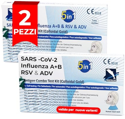 Test Covid Influenza – 2 Test – Combinato Covid e Influenza 2026 Antigenico Rapido 5 in 1 – Tampone Covid Influenza con RSV e Adenovirus per Autotest Domestico