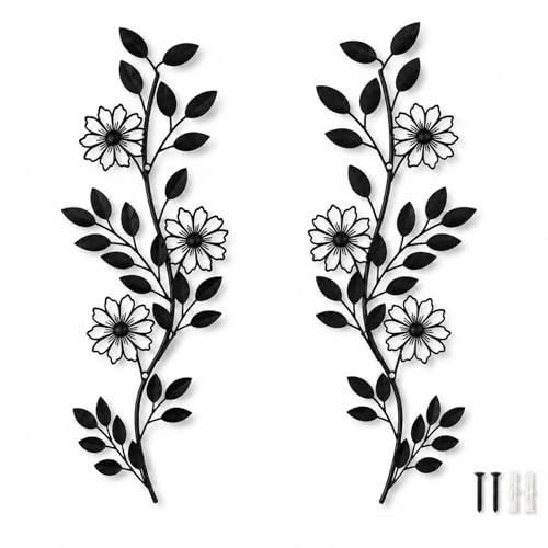 Velorin 2-Pack Black Iron Flower Metal Wall Art, Garden Wall Art Outdoor, Black Wall Decor, Ornament for Livingroom and Bedroom