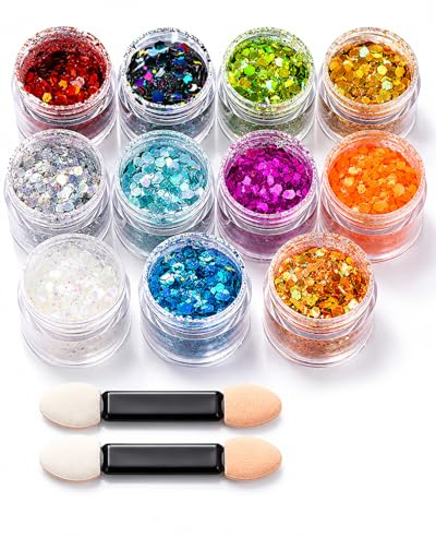YIPFEN Brillantini Paillettes Glitter 12 Colori con 2 Pennelli - Set per Trucco Viso, Corpo, Capelli. Ideale per Festival, Carnevale, Feste & DIY Creativo.
