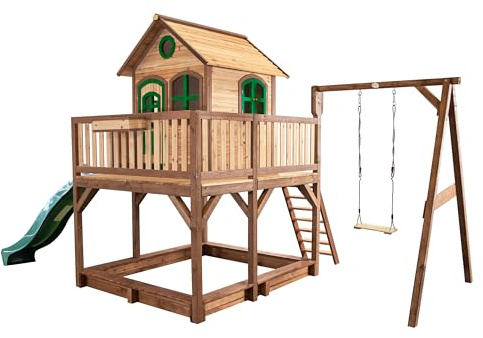 AXI Liam Maison Enfant avec Bac à Sable, Balançoire & Toboggan Vert | Aire de Jeux pour l'extérieur en Marron & Vert | Maisonnette/Cabane de Jeu en Bois FSC