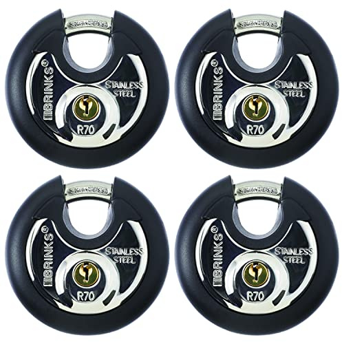 BRINKS Lot de 4 cadenas commerciaux robustes en acier inoxydable, 70 mm, avec clés identiques, pour abri de jardin, garage, casier, portes coulissantes, armoires, ronds avec anse en acier, noir