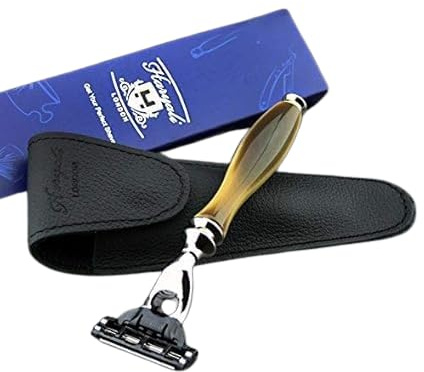 Men's Shaving Triple Cartridge Head Compatible Razor in Horn Replica Handle & Leather Travel Case > Gent's Essentials | Shaving & Grooming | Travel Gear for Him