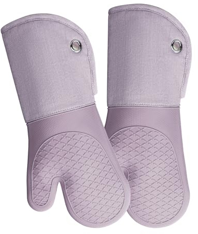 Professional Microwave Silicone Oven Mitts one Pair, Kitchen Mitten Set for Heat Resistant with 500 Degrees, Kitchen Gloves Pot Holder for BBQ Cooking Baking (Purple)