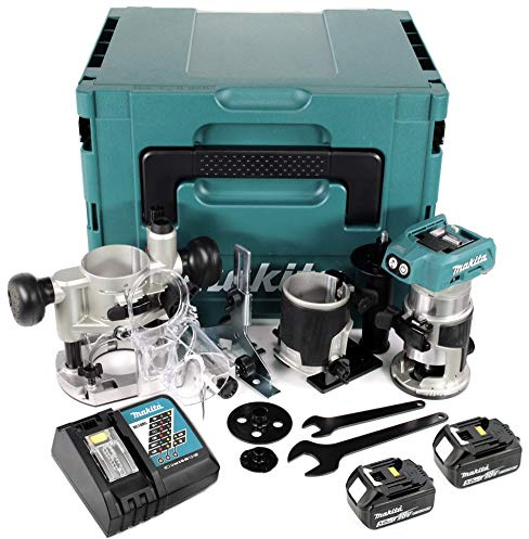 Makita DRT 50 RTJ X2 18 V Li-Ion Affleureuse plaque de plâtre sans fil Brushless avec boîtier Makpac + 2x Batteries BL 1850 5,0 Ah + Chargeur DC18RC + Module de fraisage