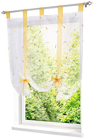 Raffrollo mit Stickerei Band Raffgardinen Voile Transparent Schlaufen Vorhang (BxH 140x140cm, Gelb)