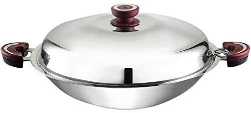 BUFFALO Sartén para wok de acero inoxidable con tapa, parte inferior redonda de 40 cm, sartén antiadherente de tres capas, olla de cocina de doble asa para estufas de inducción/eléctricas/gas