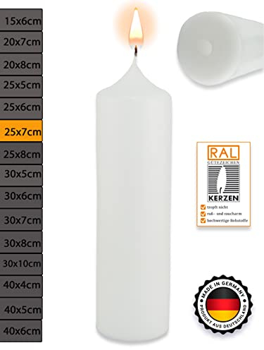 WikaKerzen Stumpenkerze weiß 25 x 7 cm - Rundkerze 250x70 mm, Kerzenrohling, Kaminkerze zum Basteln und Verzieren von Hochzeitskerzen und Taufkerzen geeignet mit RAL-GÜTESIEGEL