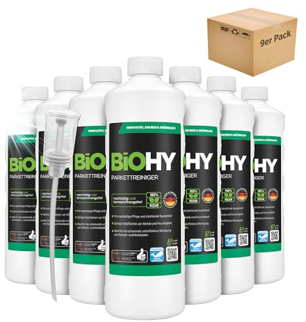 BiOHY Parkettreiniger (9 x 1 Liter) + Dosierer | Konzentrat für versiegeltes & geöltes Parkett | materialschonend & schmutzlösend | für eine streifenfreie Reinigung | 2 in 1 Pflege & Reinigungsmittel