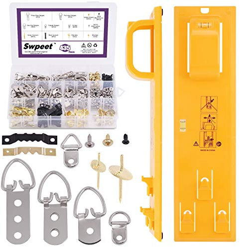Swpeet 435Pcs Picture Hangers with Yellow Picture Hanging Level Tool Assortment Kit, Heavy Duty Picture Hangers One Step Hangers, Hooks, D Ring for Picture Hanging Solutions with Transparent Box