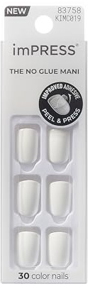 KISS imPRESS No Glue Mani Press On Nails, Color, 'Frosting', White, Short Size, Squoval Shape, Includes 30 Nails, Prep Pad, Instructions Sheet, 1 Manicure Stick, 1 Mini File