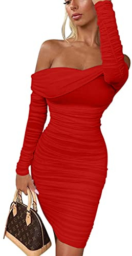 GOKATOSAU Mini Robe Sexy élégante à Volants et épaules dénudées pour Femme, Rouge, Taille M