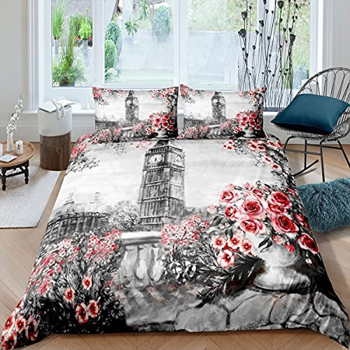 Homewish London Big Ben Bettbezug 135x200 Rosa Rose Blume Bettwäsche Set Für Mädchen Teens Frauen Berühmte Stadt Gebäude Bettbezug Retro Skizze Stil Bettbezug Mit 1 Kissenbezug Grau