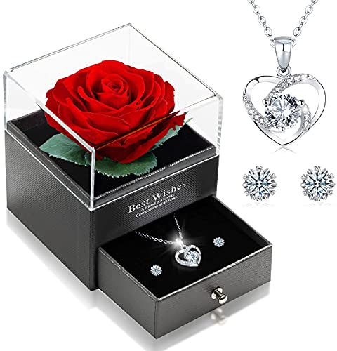 Ewige Echte Rose mit Herz Halskette und Ohrringe aus 925 Sterlingsilber, Infinity Rosen, Schmuck Geschenkbox, Rosenbox Geburtstag, Valentinstag, Hochzeitstag Geschenke für Sie Freundin Frauen