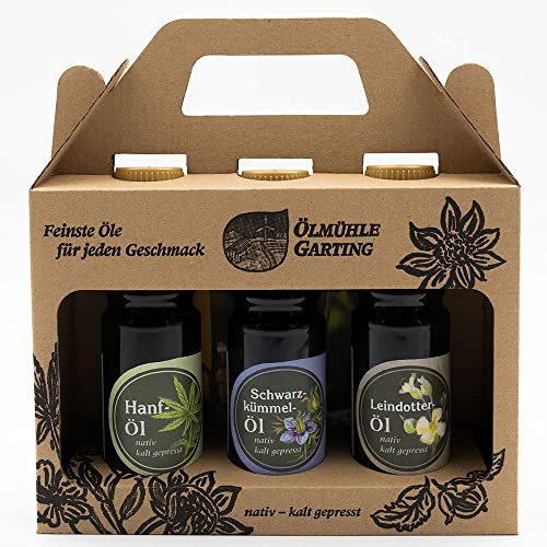 Öl Geschenkset Vitalset der Ölmühle Garting (3 x 100ml), Hanföl+Drachenkopföl+Färber-Distelöl, naturbelassen, kaltgepresst, Rohstoffe aus der Region