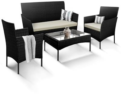 KEPLIN 4 Piece Rattan Garden Furniture Set – Outdoor Sofa, 2 Chairs & Tempered Glass Coffee Table, Durable Weather-Resistant Wicker Patio Lounge Set with Cushions for Garden, Balcony (Black)