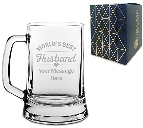 Personalised Engraved Tankard Beer Mug with World's Best Husband Design, Gift Boxed, Personalise with Any Message for Valentines, Anniversaries