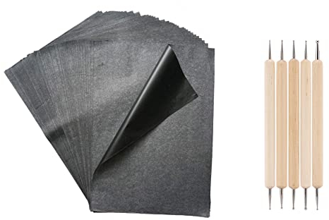 Kohlepapier,100 Blätter Carbon Papier Schwarz,A4 Graphit Transferpapier Pauspapier Kohlepapier mit 5 Stück Prägestiften für Holz Papier Segeltuch Keramik