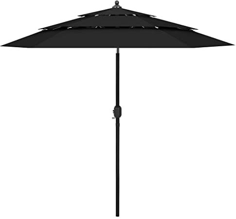 Makastle 3-Lagig Sonnenschirm, Marktschirm Gartenschirm Terrassenschirm mit Aluminium-Mast, mit 6 Alu-Rippen, Ampelschirm, Neigung & Kurbel, Schwarz 250 x 250 x 229 cm