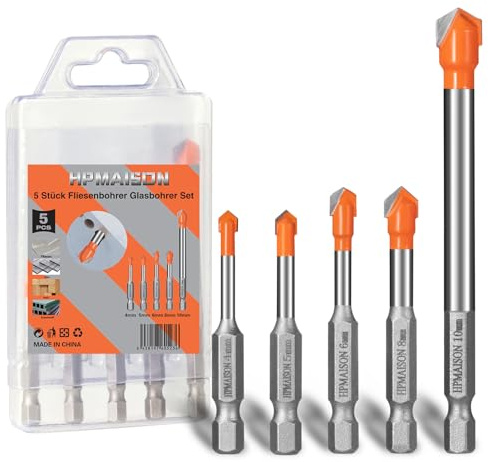 HPMAISON Fliesenbohrer Glasbohrer Set, 5 Stück Fliesenbohrer Glasbohrer Keramikbohrer für das Bohren von Glas, Wandfliesen, Dachziegel, Keramik (Ø 4/5/6/8/10 mm)