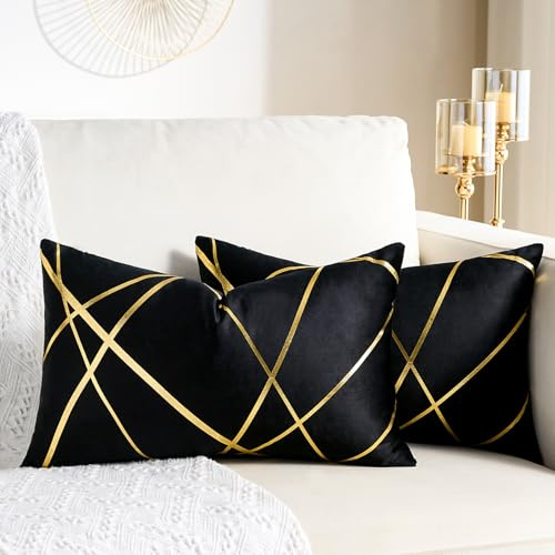 Samt Kissenbezug Schwarz 2er Set 30x50 cm Golden Geometrie Outdoor Dekokissen Kissenhülle Sofakissen Couchkissen Dekorative Kissen Kissenbezüge Moderne Zierkissen Bezug für Schlafzimmer Sofa Bett