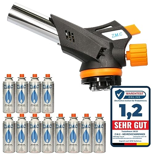 Z.M.C Gasbrenner 1,3kW + 12 Gaskartuschen 227g, Flambierbrenner, Temperatur bis zu 1300°C, Bunsenbrenner Lötbrenner mit Piezozündung, Küchenbrenner mit einstellbare Flamme, Abflammgerät