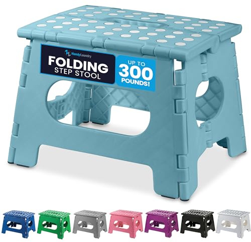 Handy Laundry Folding Step Stool 9 Inch – Sturdy Plastic Foldable Step Stool for Adults & Kids, 300 lb Capacity, Non-Slip, Lightweight, Portable with Handle for Kitchen, Bathroom, Bedroom – Teal