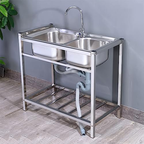 Landhaus-Spüle 304 Edelstahl Spüle Double Tank mit Stand, 2 Kammern kommerzielle freistehende Spüle, für Wäscherei, Hinterhof, Garage, Keller