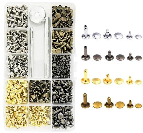 MEMOFYND Set di rivetti da 360 pezzi con 3 strumenti di fissaggio, rivetti a doppio tappo, rivetti in pelle, rivetti in metallo per artigianato fai da te in pelle e decorazione per cinture ecc.