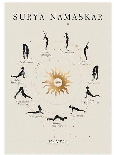 JUNOMI® Sonnengruß Poster 50x70 cm | Yoga Sonnengruß, Surya Namaskar | Boho Wanddeko fürs Yogastudio und Schlafzimmer, der vollständige Ablauf im Kreis um eine goldene Sonne