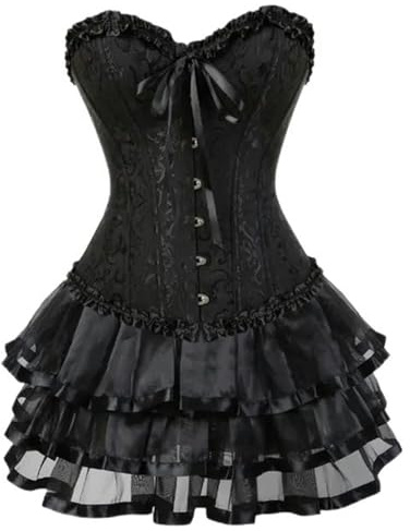 WEITING Abiti con Corsetto Overbust in Raso di Pizzo Abiti da Ballerina Showgirl Barlesque Corsetti e Bustini Lingerie Top per Donne Gonna Tutu Set-Style-B Nero-XS