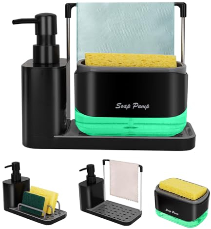 Kitchen Dish Soap Dispenser Set with Tray, 3-in-1 Hand and Dish Soap Dispenser, Sponge and Dishcloth Holder, for Kitchen Sink Countertop Storage Organizer (Black)