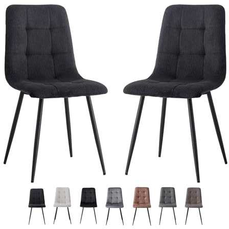 GrandCA HOME 2er-Set Esszimmerstühle,mit Cord-Polstersitz, Moderne Küchenstühle mit Metallbeinen, Schwarz