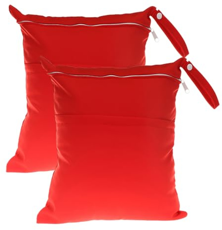 Qiantull Wetbag 2er Set 30×36cm – Windeltasche mit 2 Fächern Rot | Wiederverwendbare Nasstaschen mit TPU-Innenschicht und Druckknopf-Schlaufe – für Windeln, Schwimmen, Sport und Reisen