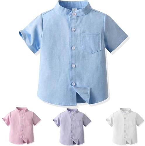 Yanmucy Chemise à Manches Courtes pour bébé Chemise boutonnée à col Montant pour Enfants Petits garçons for 2-8 Years (FR/ES, Âge, 2 Ans, 3 Ans, Taille Normale, Bleu)