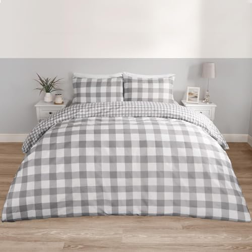 OHS Grey King Size Duvet Cover Sets, Gingham Reversible Bedding Sets King Size Luxury Decorative Plaid Check Duvet Covers with Pillowcases Super Soft Quilt Covers
