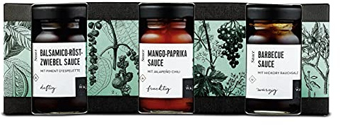 Wajos Mini Saucen Set, 3x55ml Probierset: Bbq Saucen Geschenkset mit Balsamico Röstzwiebel, Barbecue und Mango-Paprika Sauce