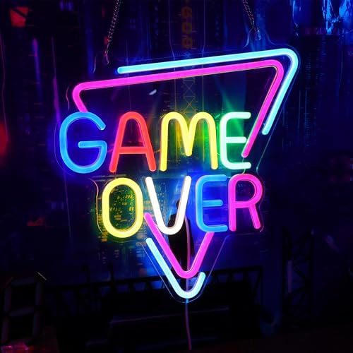 Hinittey Gaming Room Decor, Game Over Neon Sign with Dimmer for Bedroom Game Room Wall Decor, Gamer LED Neon Lights Gifts for Boys Men Teens