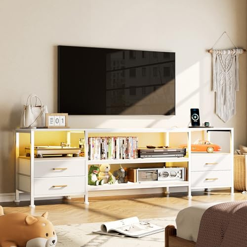 Utlenianie Meuble TV Blanc, Table Television Salon avec Port et Prise USB, Éclairage LED RGB avec Couleur Réglable, Cadre en Acier, Meuble TV pour Salon/Chambre, 160x40x63 cm (Blanc)