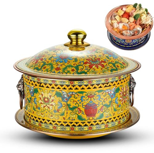 NHDVDVAV Traditioneller Kupfer-Vintage-Alkohol-Hot Pot, Chinesische Cloisonne-Kupfer-Chafing Dishes, Altmodischer Shabu-Kupfer-Hot Pot für Den Haushalt,A