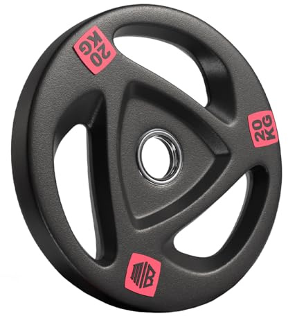 ManiBoom Discos Pesas Hierro ENGOMADO 30mm y 50mm Olimpica con Anillo Interior de Acero y Triple Agarre ERGONOMICO - Disco para Barra o Mancuernas 2,5kg, 5kg, 10kg, 15kg, 20kg (Ø50MM - 1 x 20KG)