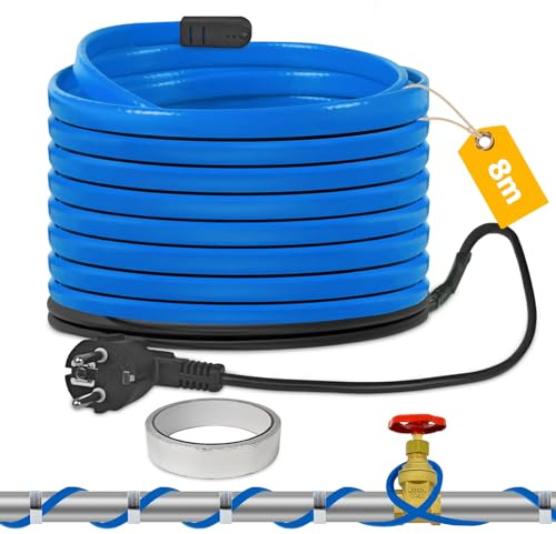 TOFFCAEA 8M Heizkabel mit Thermostat, Frostschutz Heizleitung, 20 W/m Selbstregulierendes Heizband, iP67 Wasserdicht, Zum Schutz Wasserleitungen, Haus, Pool, Teich (8M, Blau)