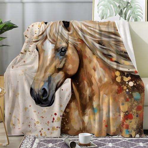 Weihnachtsdecke - Kuscheldecke Flauschig Pferd, Decke Fleecedecke Aquarelltiere, Weiche Warme Decke Wohndecke als Sofadecke Wolldecke Couchdecke Tagesdecke, 230x270 cm Y-973