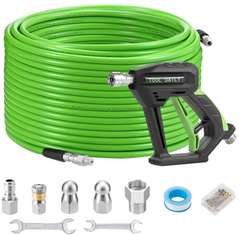 Tool Daily Sewer Jetter Kit for Pressure Washer 200 FT, Power Washer Gun | Drain Cleaner Hose 1/4 Inch NPT, Corner, Rotating and Button Nose Sewer Jet Nozzle, 3600 PSI