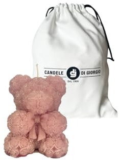 Candela a forma di orsetto con petali - Sacchetto regalo - Candela artigianale - Diametro 8 cm altezza 10 cm - Bomboniera Battesimo - Baby Shower - Comunione - Colore Rosa Polvere - Cereria Di Giorgio