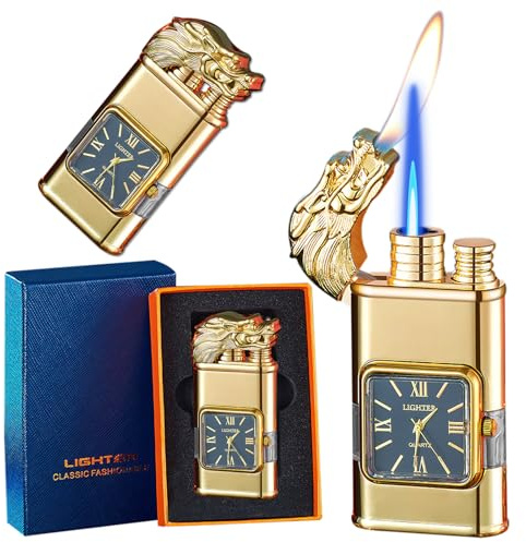 CYJBAO Jet Lighter - Windproof Jet Flame and Soft Flame, Cool Embossed Craft with Visible Fuel Window, Refillable Adjustable Butane Lighter for Outdoor Indoor (Without Butane)-Gold