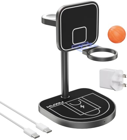 KU XIU X85 Station de Charge 3-en-1 – Chargeur Induction sans Fil pour iPhone 16/15/14/13/12, 5W pour Apple Watch 10/9/8/7/Ultra, 5W pour Casque 4/3/2 Pro, Aluminium, Design Fun et Basketball – Noir