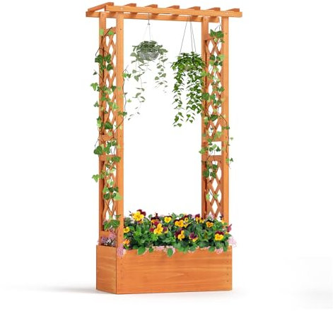 GYMAX Scaffale per Fiori con Fioriera di Fondo, 2 Tralicci Laterali e Supporto Superiore, Fioriera da Esterno in Legno con Fori di Drenaggio per Frutta, Verdura, Erbe Aromatiche