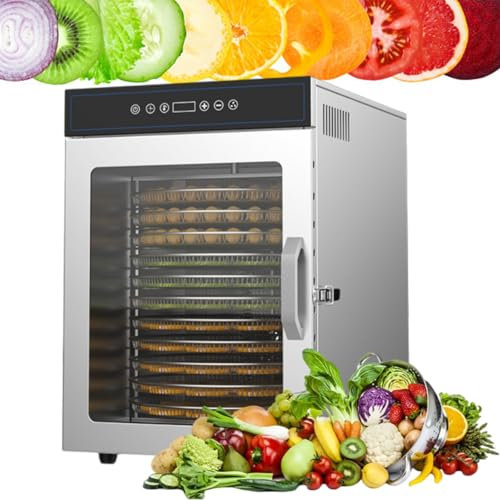 1000W 12-Tray Stainless Steel Food Dehydrator with 11.8 Diameter-Large Trays | 86-194°F Temp Control, Overheat Protection | Efficient for Drying Jerky, Fruits, and Vegetables,Silver-220V